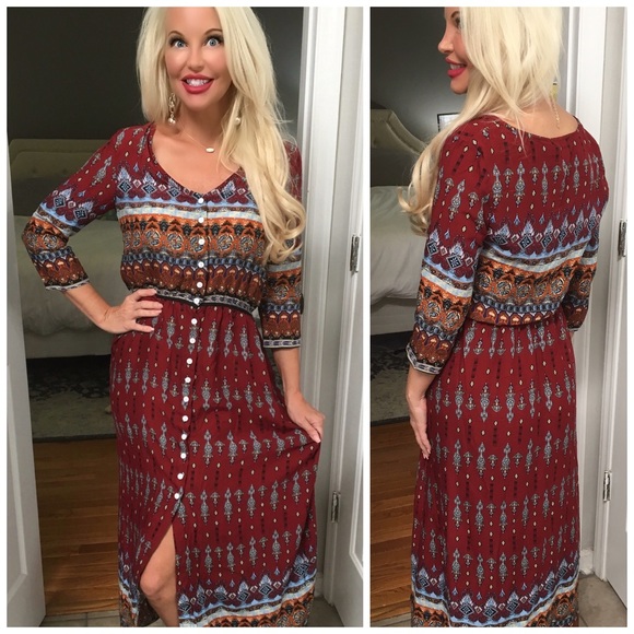 SALE! LAST 1!  ❤️ Wine 3qtr Sleeve Boho Print Maxi - Picture 3 of 5